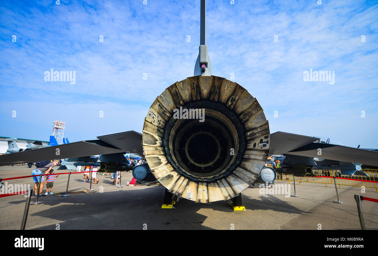 Singapore  - Feb 10, 2018. Engine of Lockheed Martin F-16 Fighting Falcon aircraft belong to the Singapore Air Force sits on display at the 2018 Singa Stock Photo