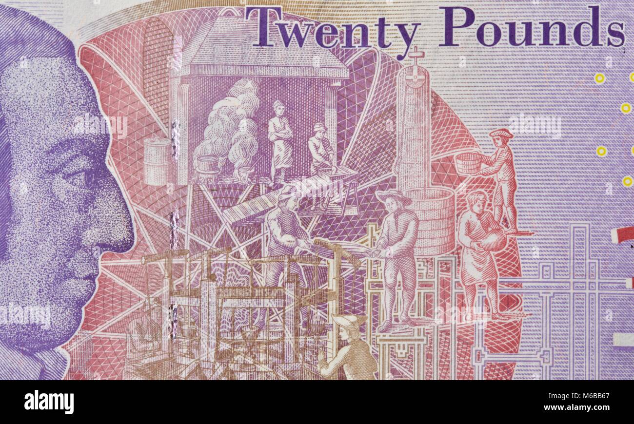 The current £20 banknote, featuring Adam Smith and scene of a pin ...