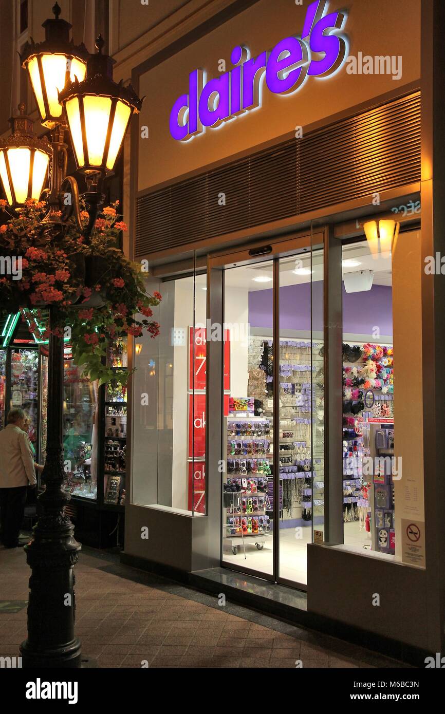 BUDAPEST, HUNGARY - JUNE 21, 2014: Shoppers walk by Claire's jewelry and fashion accessories store in Budapest. In 2014 Claire's operated 3,071 stores Stock Photo