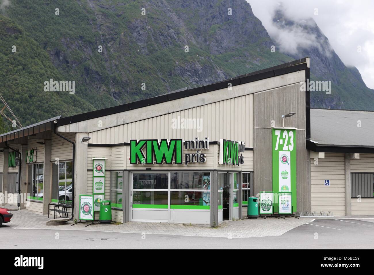 ANDALSNES, NORWAY - JULY 20, 2015: Kiwi Mini Pris supermarket in Andalsnes, Norway. Kiwi is part of NorgesGruppen group. There are 630 Kiwi stores in  Stock Photo