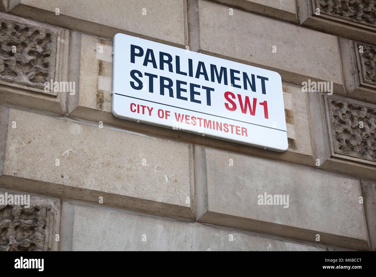 LONDON, UK - APRIL 23, 2016: Parliament Street sign in London, UK. Parliament Street is an extension of Whitehall, central street for Her Majesty's Go Stock Photo