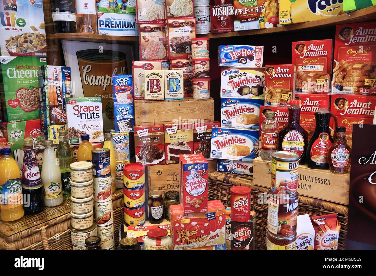 AMSTERDAM, NETHERLANDS - JULY 10, 2017: Selection of American sweets and food in a specialty international cuisine store in Amsterdam, Netherlands. Stock Photo