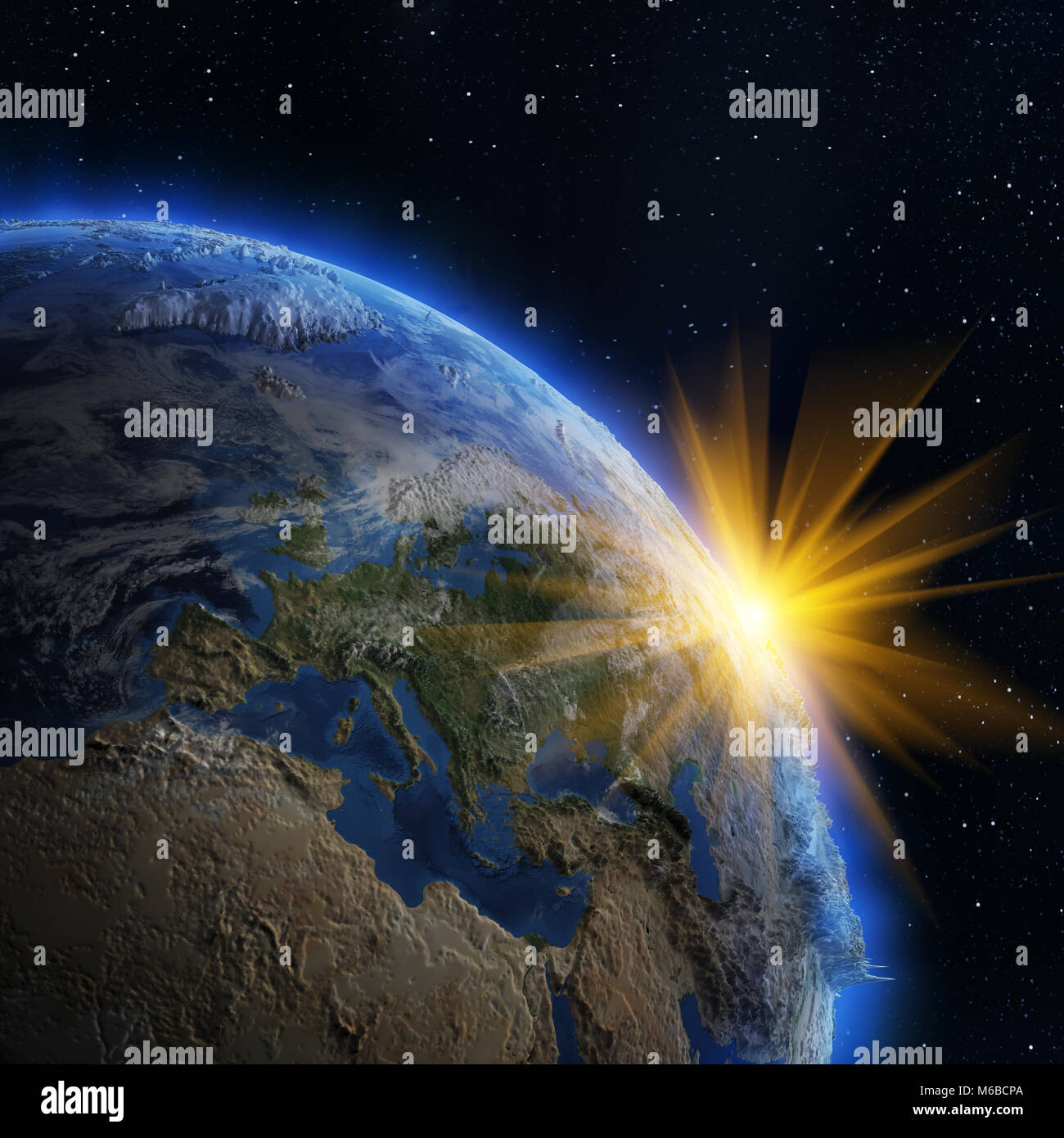 Europe sunrise from space 3d rendering Stock Photo