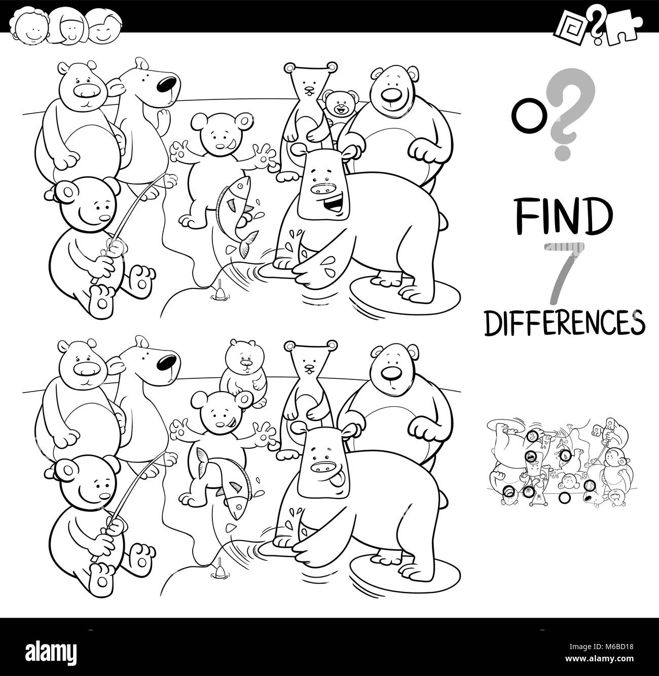 Black and White Cartoon Illustration of Finding Seven Differences ...