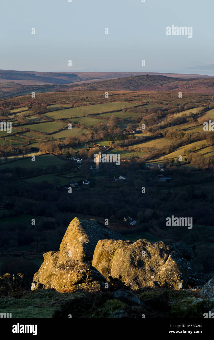 Widecombe in the moor from Bonehill rocks, Dartmoor National Park with The church of St Pancras in the distance known as 'Cathedral of the Moors' Stock Photo