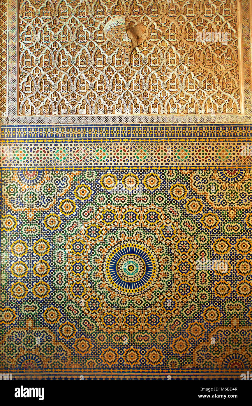 Berber Zellige decorative tiles inside the Riad of the Kasbah Telouet, Atlas Mountains, Morocco. Stock Photo