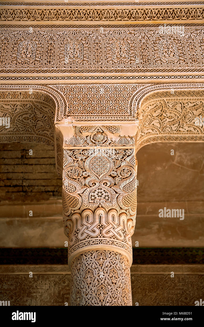 Berber Mocarabe Honeycomb work plaster columns and capitals in the Riad of the Kasbah of Telouet, Atlas Mountains, Morocco Stock Photo