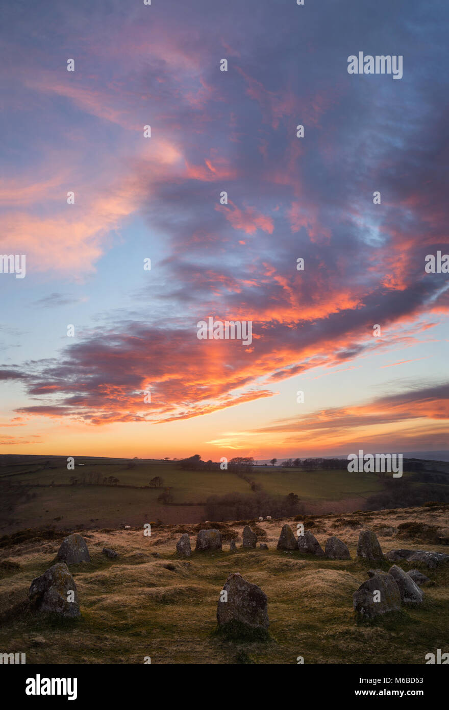 Nine Stones or Nine Maidens stone circle at Belstone Dartmoor National Park Stock Photo