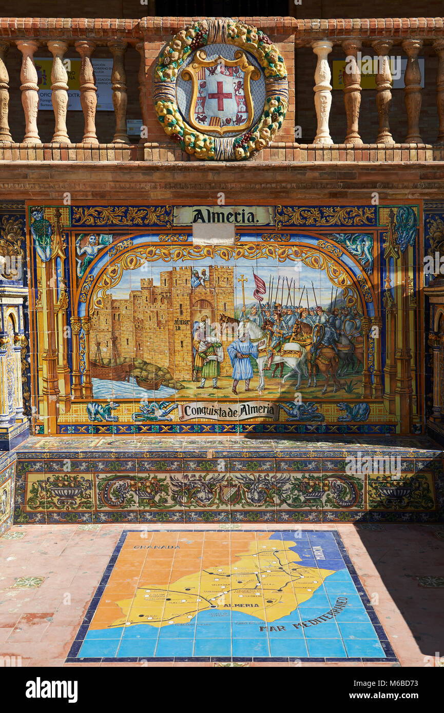 The Almera tiled Alcove along the walls of the Plaza de Espana in Seville built in 1928 for the Ibero-American Exposition of 1929, Seville Spain Stock Photo