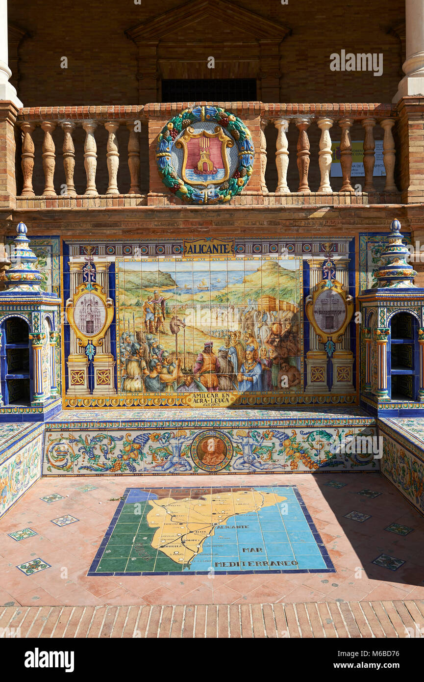 The tiled Alicante Alcove along the walls of the Plaza de Espana in Seville built in 1928 for the Ibero-American Exposition of 1929, Seville Spain Stock Photo