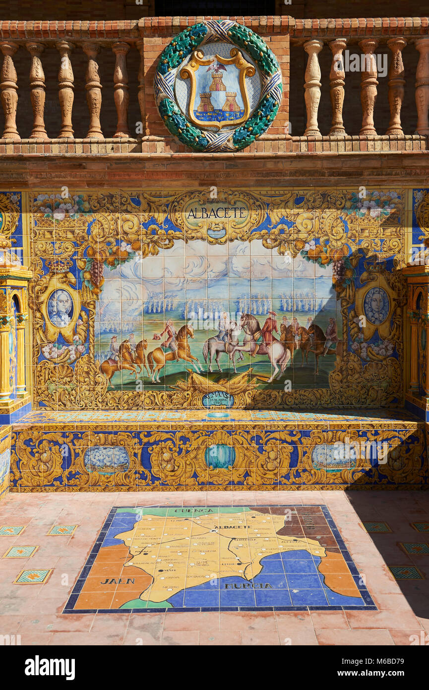 The tiled Albacette Alcove along the walls of the Plaza de Espana in Seville built in 1928 for the Ibero-American Exposition of 1929, Seville Spain Stock Photo