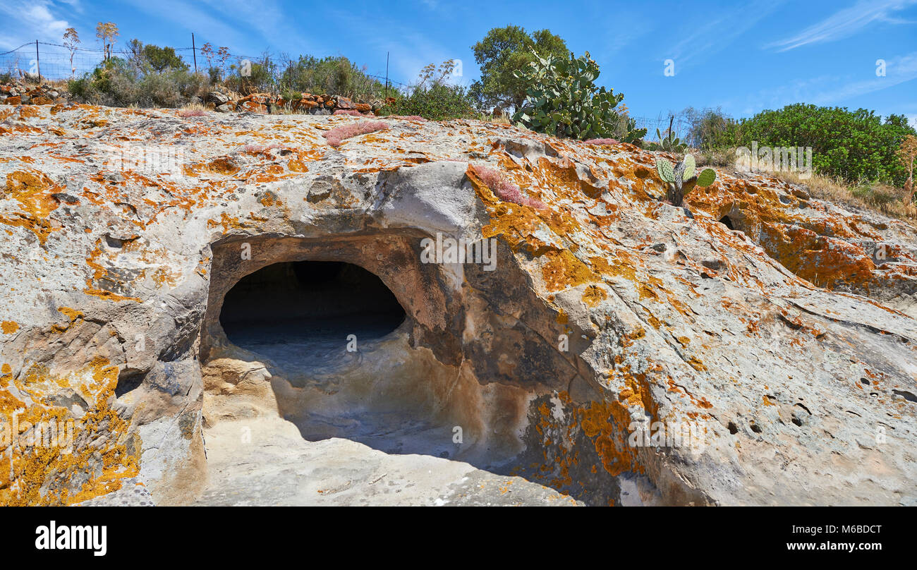Pictures of Copper age Domus de Janas Sas Concas prehistoric chambered rock burial chambers cared into trachyte ,  Abealzu-Filigosa culture 3000 BC, Stock Photo