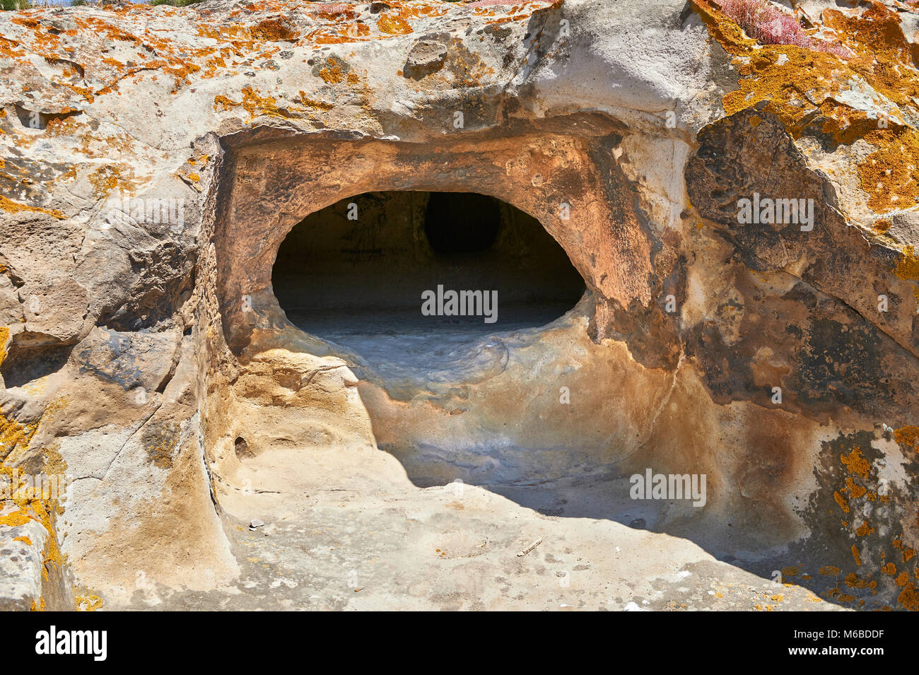 Pictures of Copper age Domus de Janas Sas Concas prehistoric chambered rock burial chambers cared into trachyte ,  Abealzu-Filigosa culture 3000 BC, Stock Photo