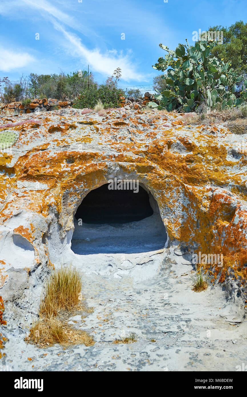 Pictures of Copper age Domus de Janas Sas Concas prehistoric chambered rock burial chambers cared into trachyte ,  Abealzu-Filigosa culture 3000 BC, Stock Photo