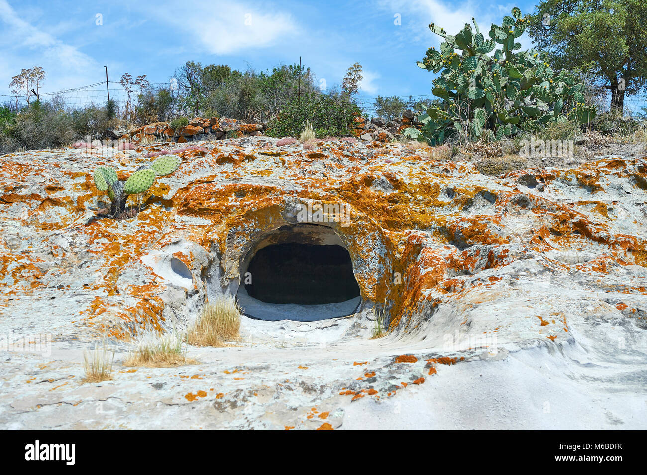 Pictures of Copper age Domus de Janas Sas Concas prehistoric chambered rock burial chambers cared into trachyte ,  Abealzu-Filigosa culture 3000 BC, Stock Photo