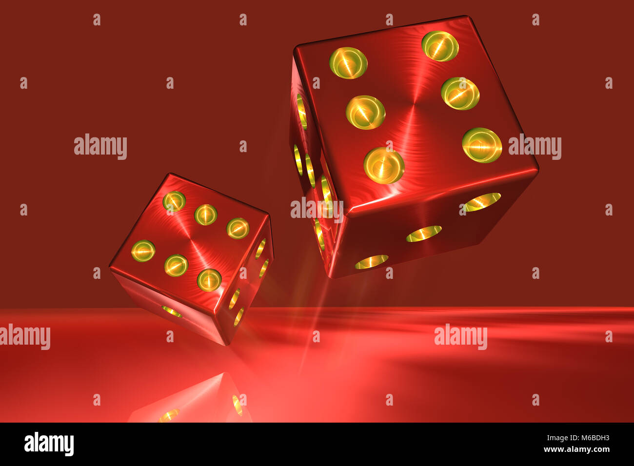 3D rendering of a couple of red rolling dices Stock Photo