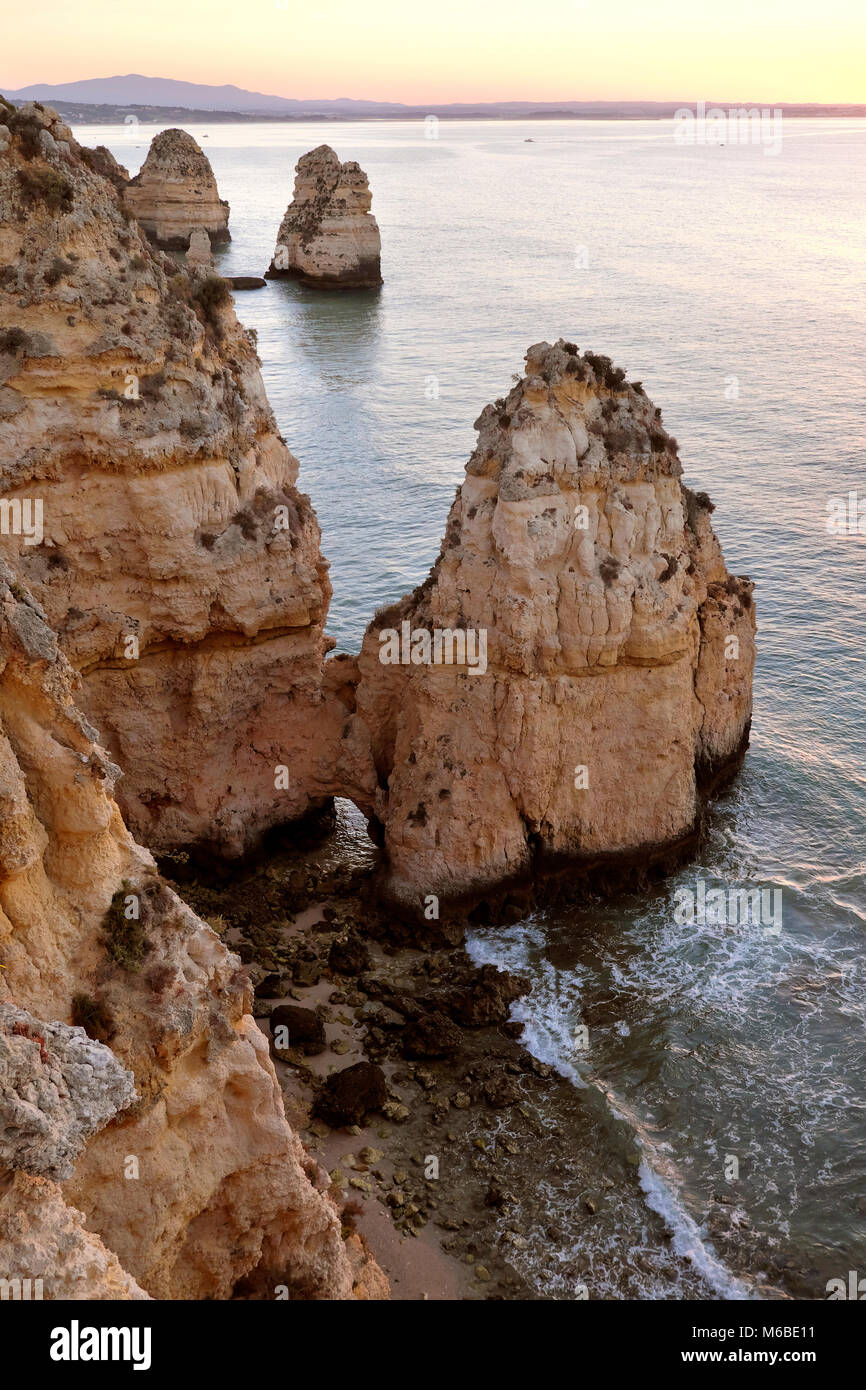 Daybreak at Algarve Beach, Ponta da Piedade, Lagos, Algarve, Portugal Stock Photo