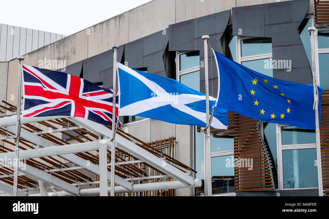 Flags flying outside Scottish Parliament building at Holyrood in Edinburgh, Scotland, United Kingdom Stock Photo