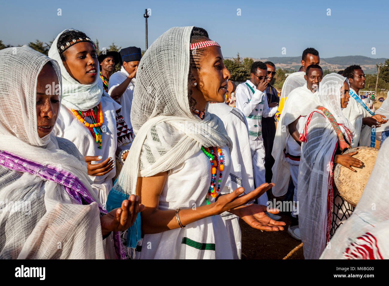A Procession Of Ethiopian Orthodox Christians Arrive At The Jan Meda Sportsgound To Celebrate Timkat (Epiphany), Addis Ababa, Ethiopia Stock Photo