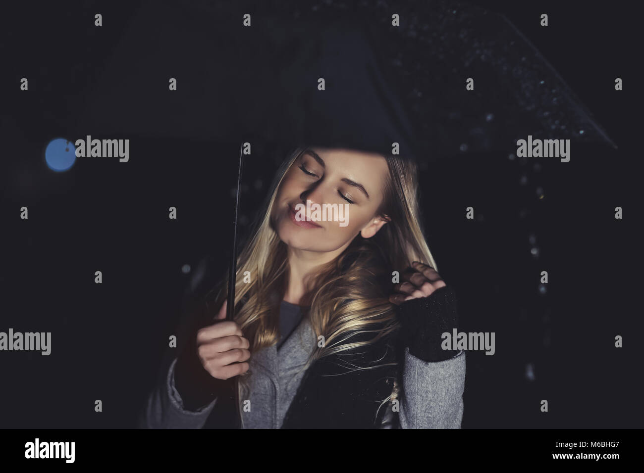 Portrait Of A Nice Peaceful Woman Closing Eyes Of Pleasure Standing Under Umbrella At Night And Enjoying Rain Peace And Mind Calmness Concept Stock Photo Alamy