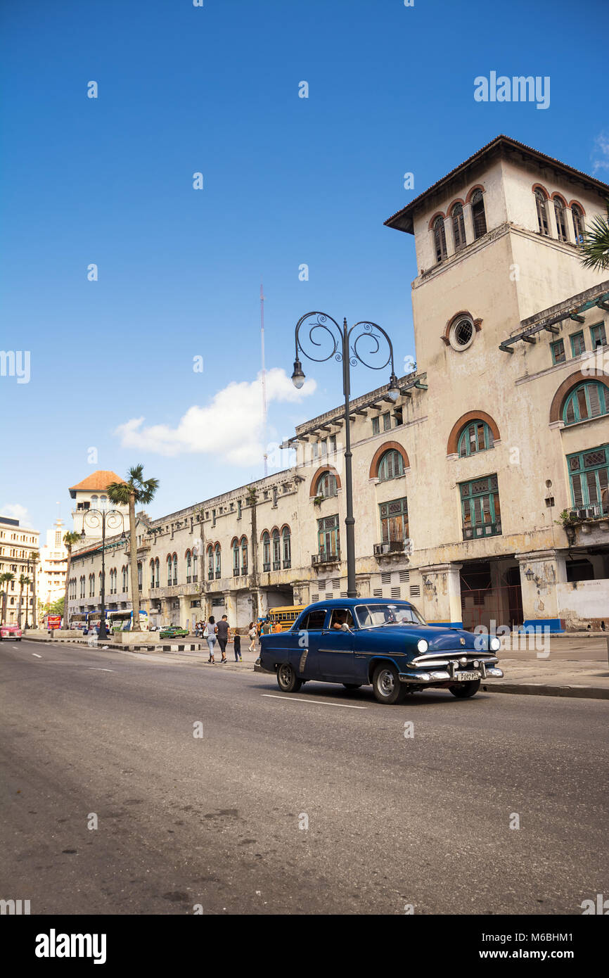 Havana, Cuba - December 3, 2017: blue, old and classical car in road of old Havana (Cuba) Stock Photo