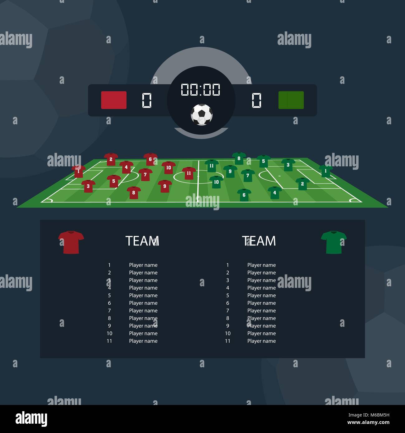 Soccer match scoreboard flat design between two example teams. Vector illustration Stock Vector