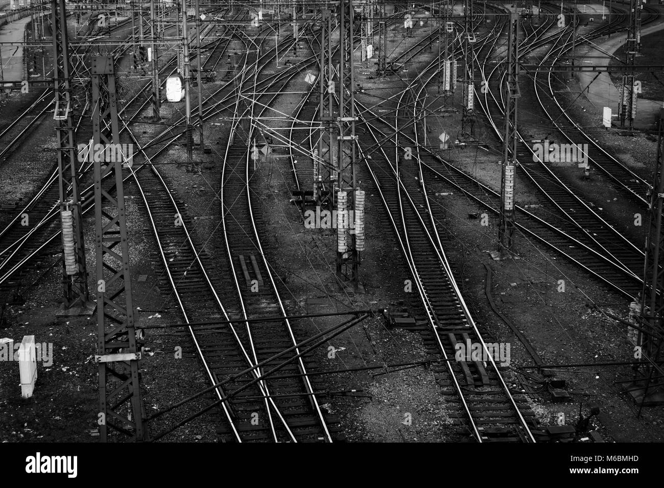 many crossed rails and all steel infrastructure near railway station in Prague, Czech Republic Stock Photo