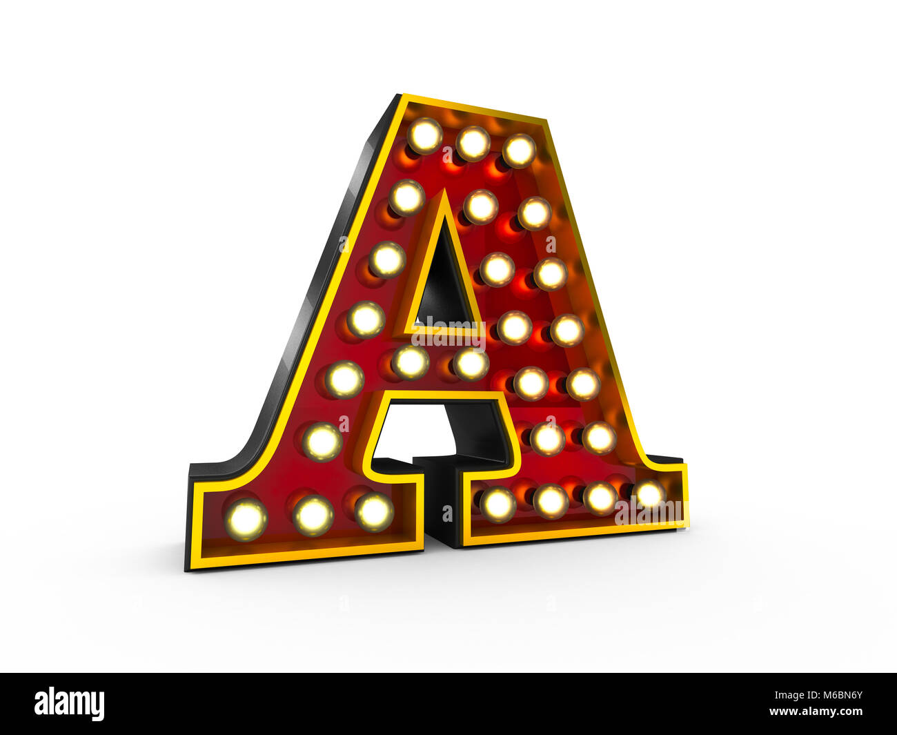 High quality 3D illustration of the letter A in Broadway style with light bulbs illuminating it over white background Stock Photo