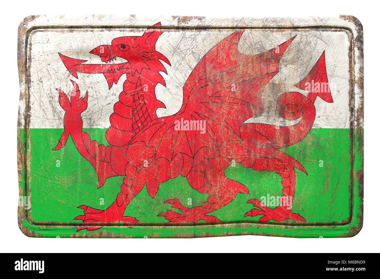 3d rendering of a Wales flag over a rusty metallic plate. Isolated on ...