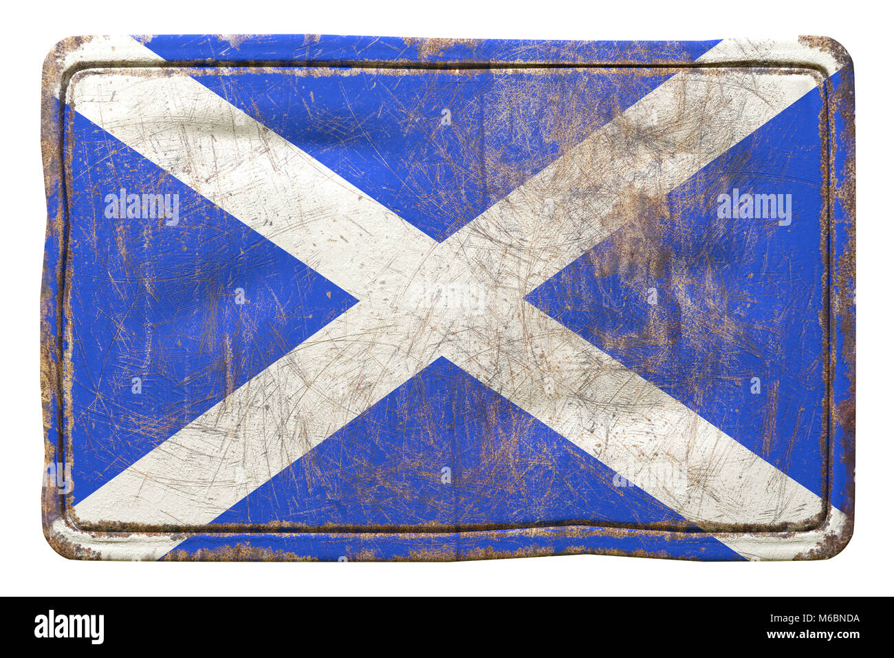 3d rendering of a Scotland flag over a rusty metallic plate. Isolated ...