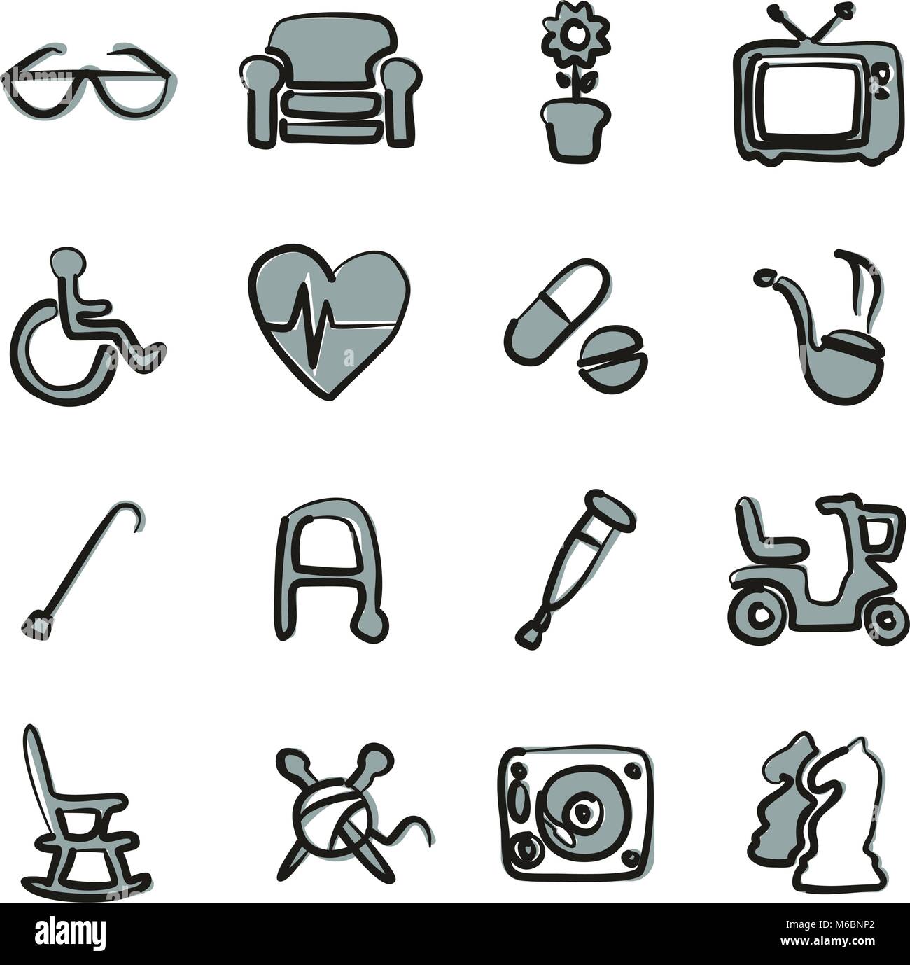Senior People Icons Freehand 2 Color Stock Vector
