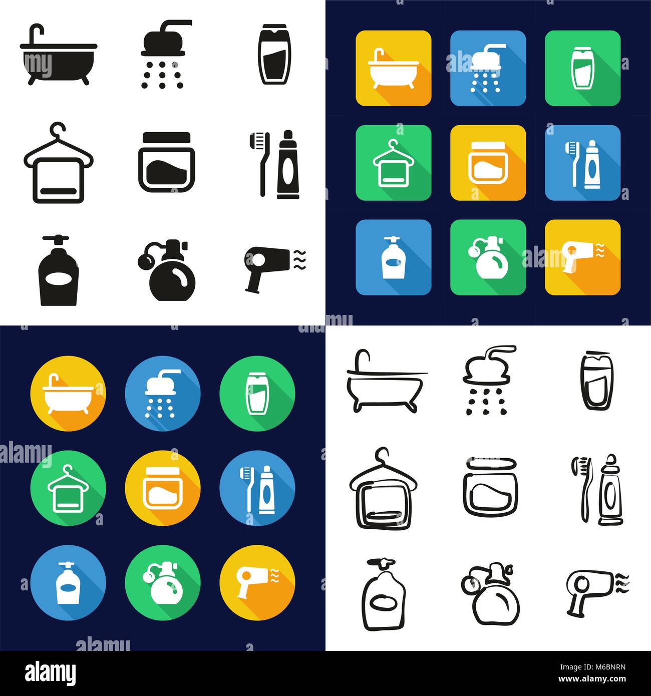 Shower All in One Icons Black & White Color Flat Design Freehand Set ...