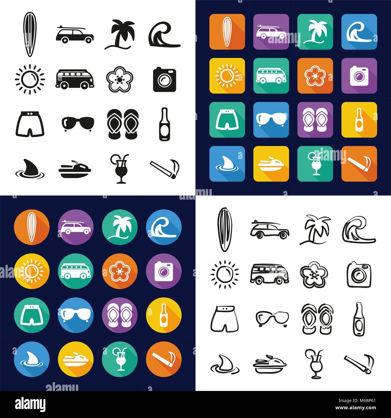 Surfing All in One Icons Black & White Color Flat Design Freehand Set ...