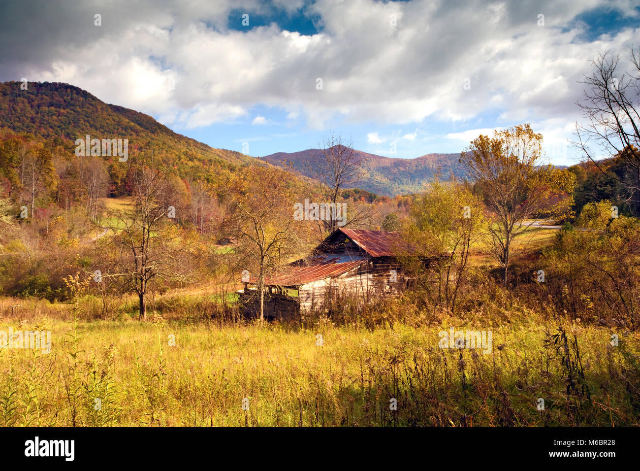 A fall view of a derelict barn in remote countryside near Franklin, North Carolina, USA. Stock Photo
