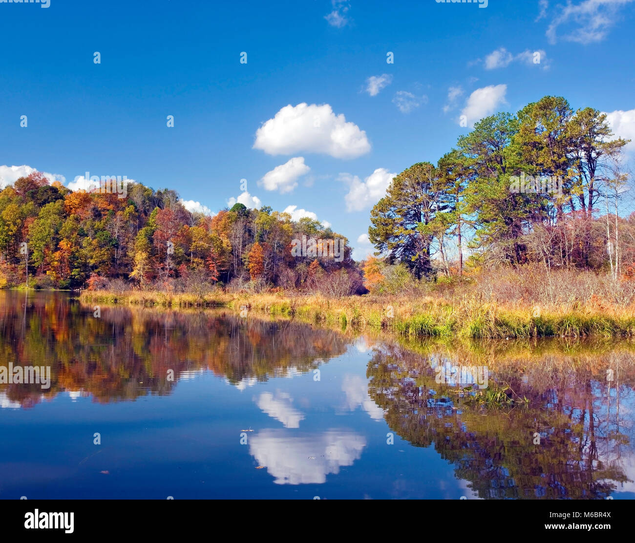 A fall view of a calm Lake Emory in North Carolina, USA. Stock Photo