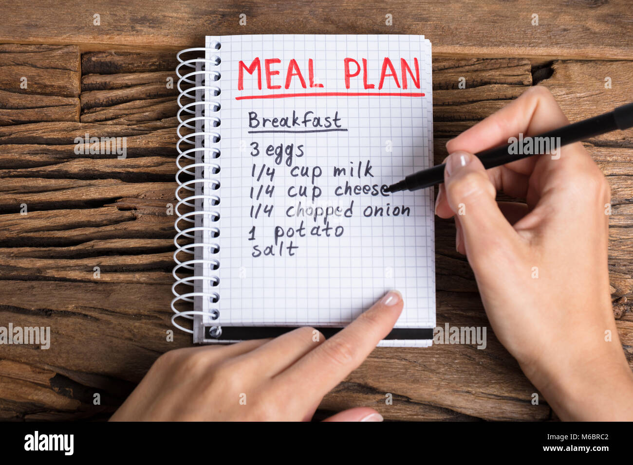 Close-up Of A Human Hand Making Meal Plan On Notebook Over Wooden Desk Stock Photo