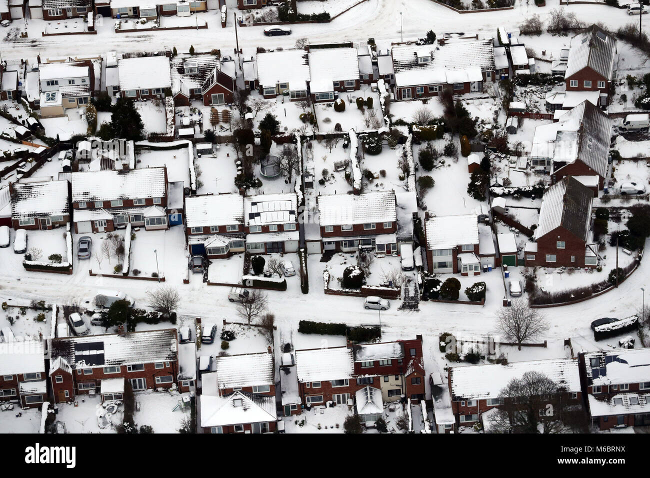 Aerial view of a snow covered Morpeth as the severe weather conditions ...