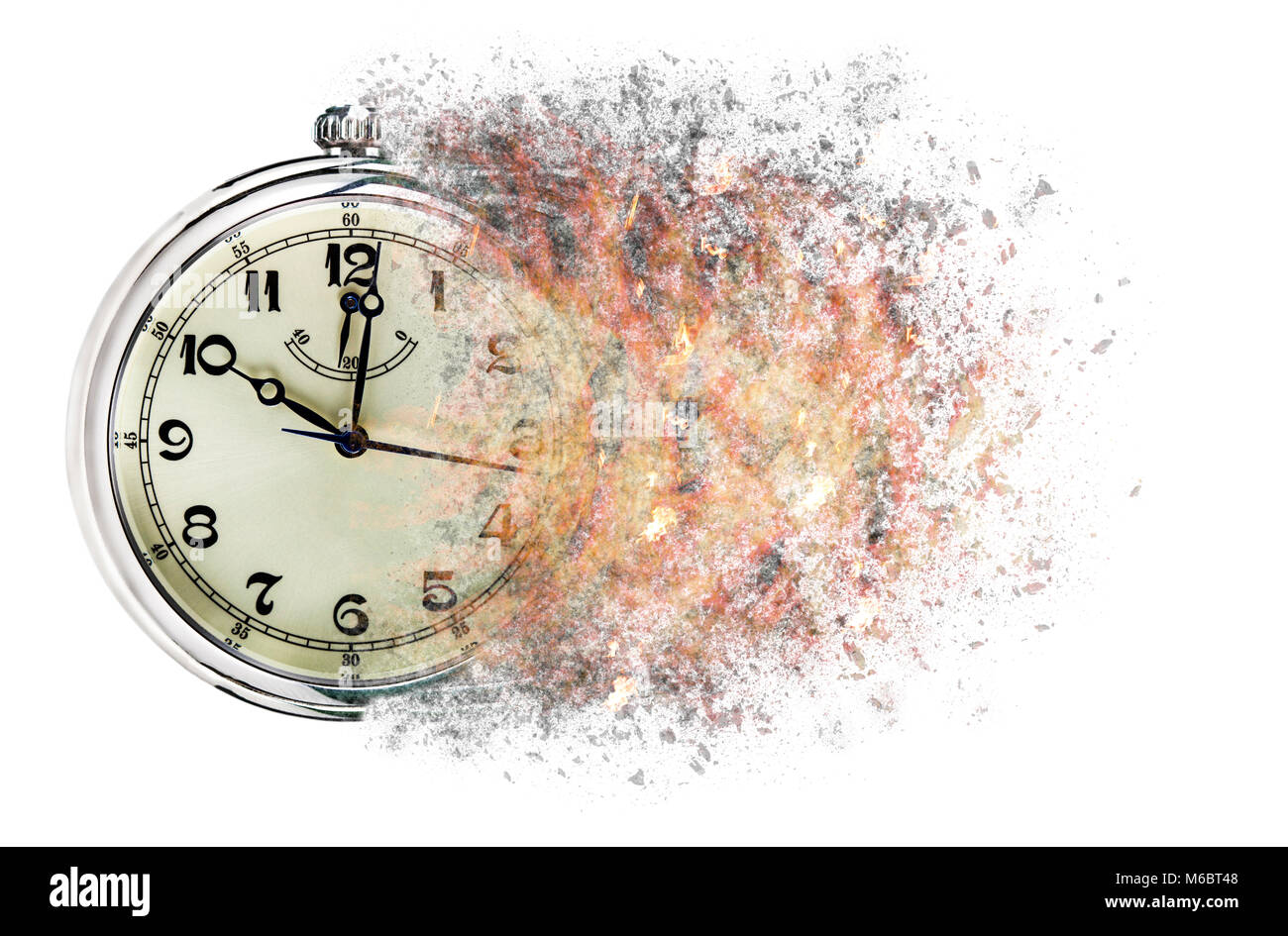 Time is running out concept shows clock that is dissolving away into little particles Stock