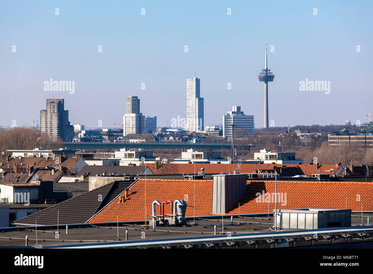 Germany, Cologne, view from the district Muelheim to the city with the Cologne Tower at the Mediapark (center) and the Colonius television tower.  Deu Stock Photo