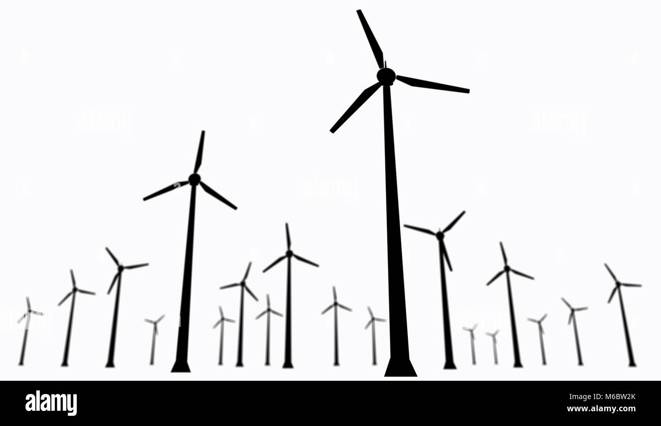 Isolated wind turbines silhouette. Energy windmills farm on white background. Stock Photo