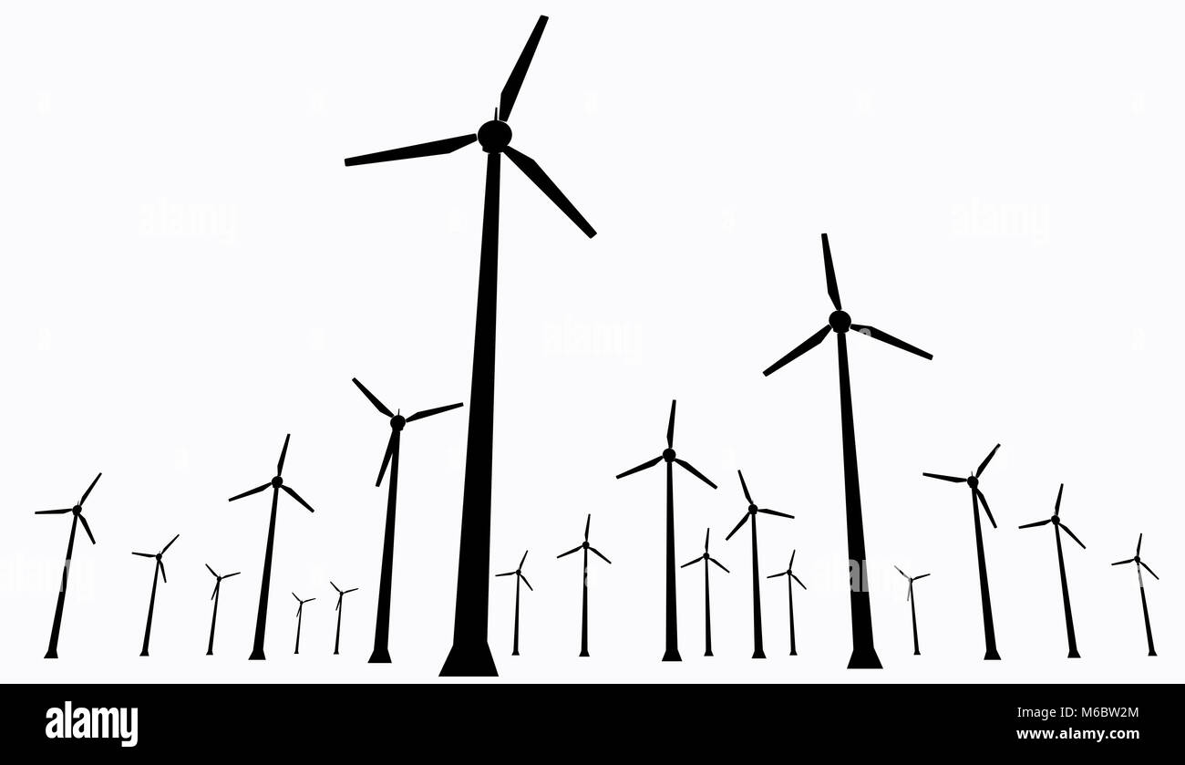 Isolated wind turbines silhouette. Energy windmills farm on white background. Stock Photo