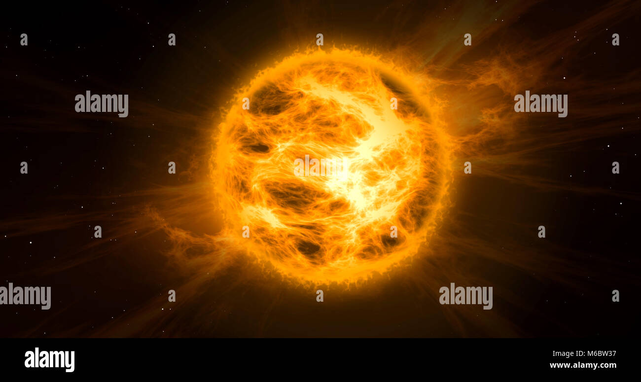 Solar storm in space. Concept of hot orange and yellow sun with energy clouds with stars in background. Stock Photo