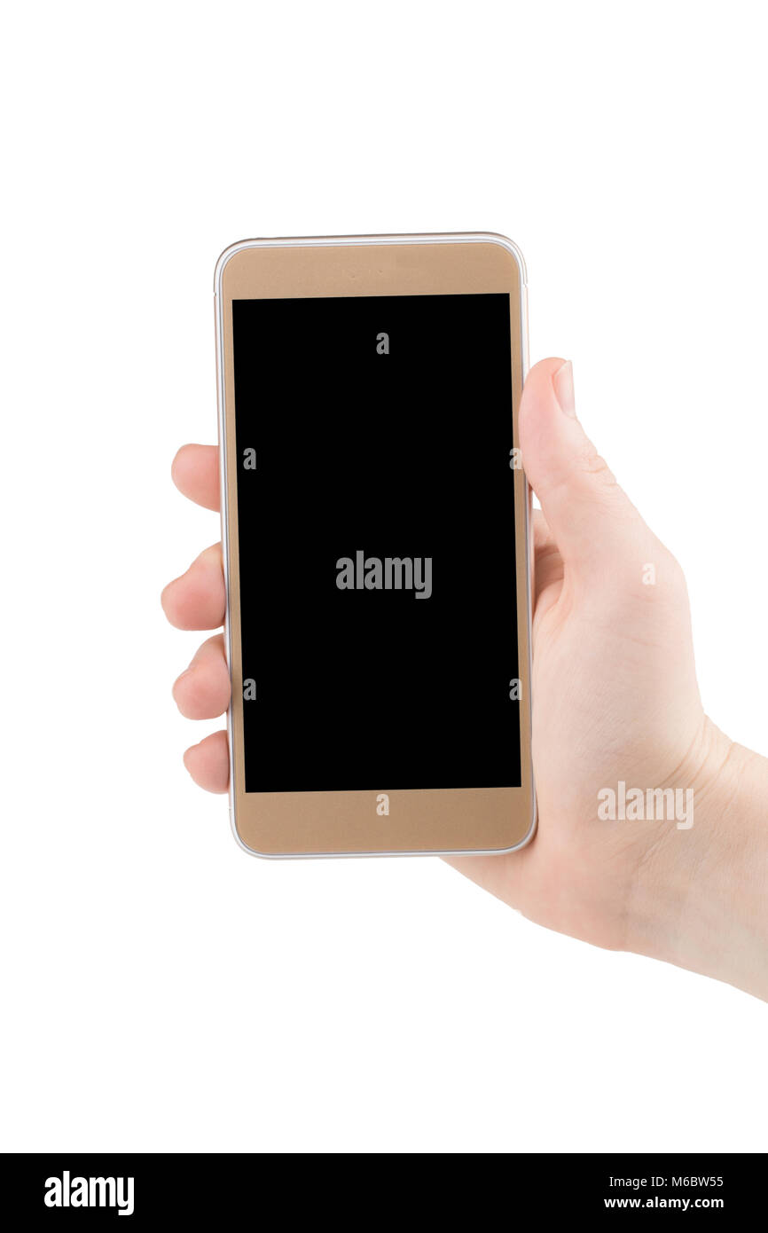 The hand holding phone isolated on white clipping path inside Stock ...