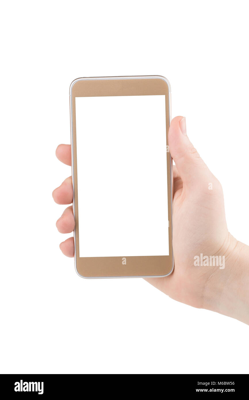 The hand holding phone isolated on white clipping path inside Stock ...