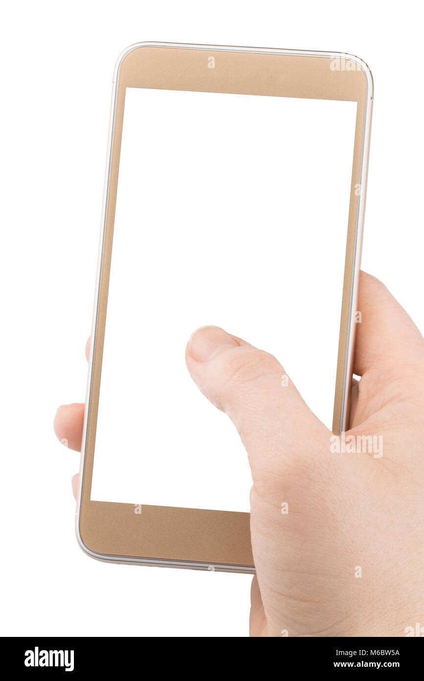 The hand holding phone isolated on white clipping path inside Stock ...