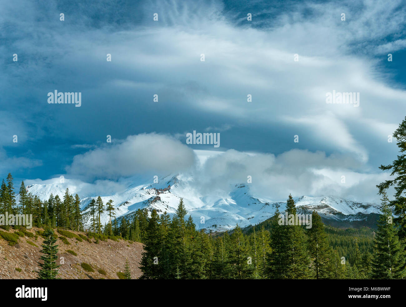 Lenticular Cloud, Mount Shasta, Shasta-Trinity National Forest, California Stock Photo