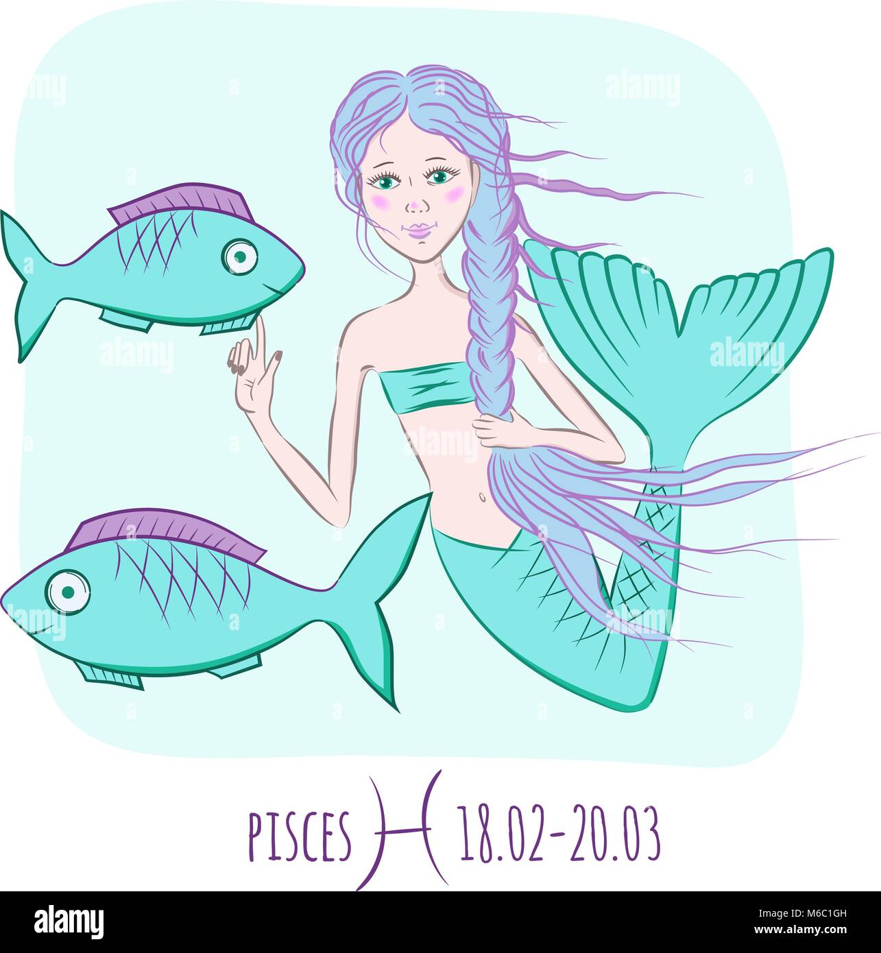Pisces Zodiac astrological sign. Mermaid and two fishes vector illustration Stock Vector