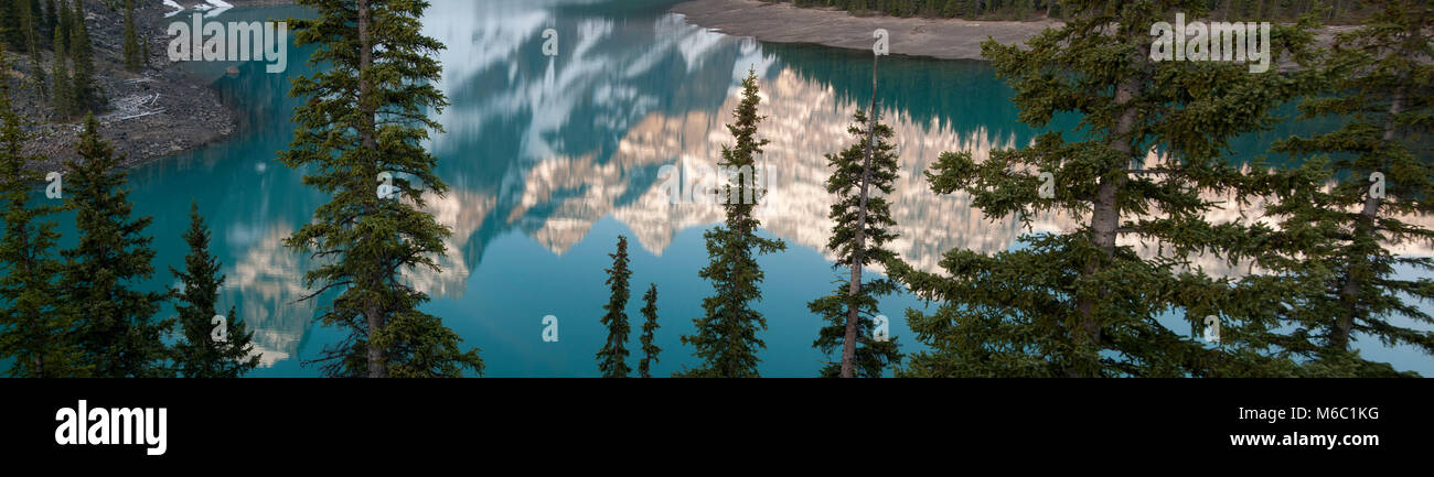 Wenkchemna Peaks reflection in Moraine Lake from Rockpile Trail, Banff National Park, Alberta, Canada Stock Photo