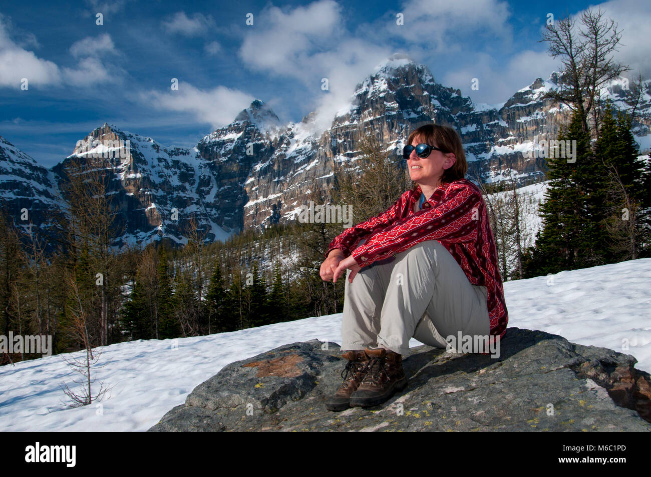 Hiker in upper Larch Valley, Banff National Park, Alberta, Canada Stock Photo