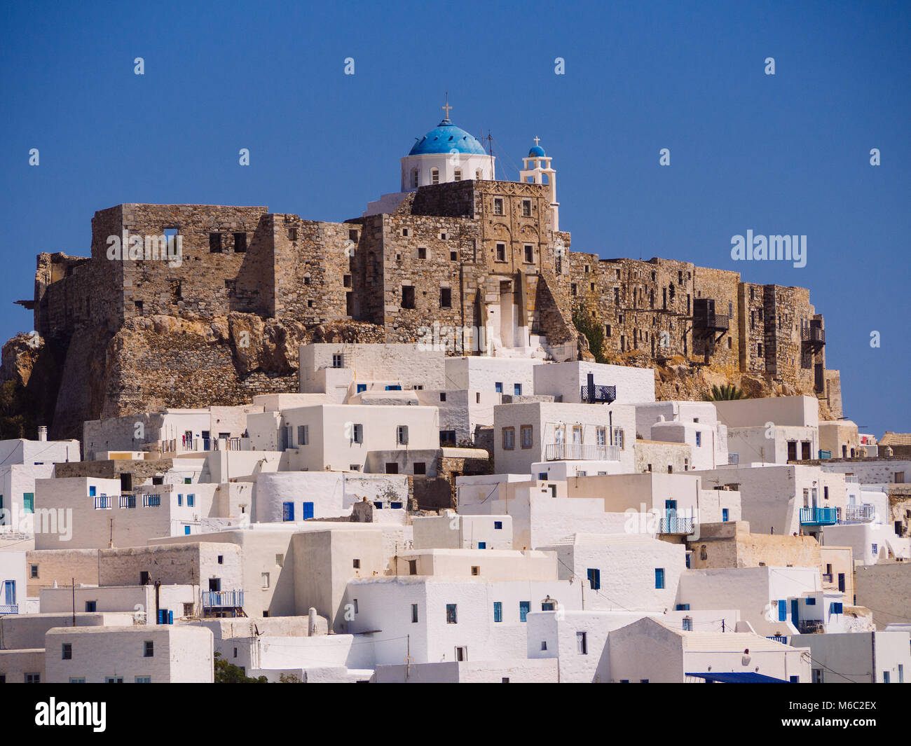 Chora of Astypapaia island ,Greece at daytime a close up of the white houses that encircle the castle Stock Photo
